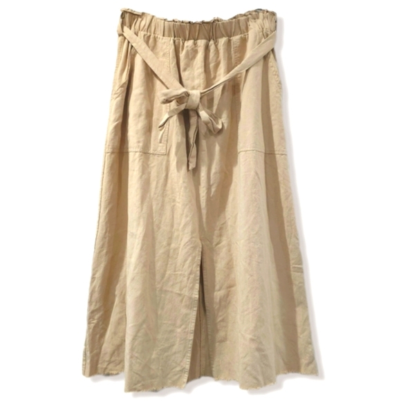 Tan Linen Cotton Blend Elastic Waist Midi Skirt, Tie Belt, Front Slit, Pockets - Picture 1 of 14